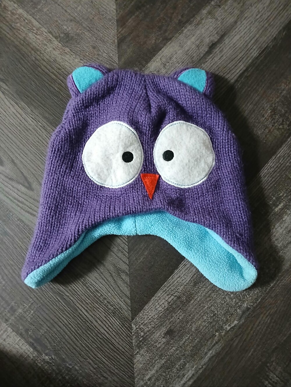 Kids Purple Owl Knit Earflap Hat with Blue Lining